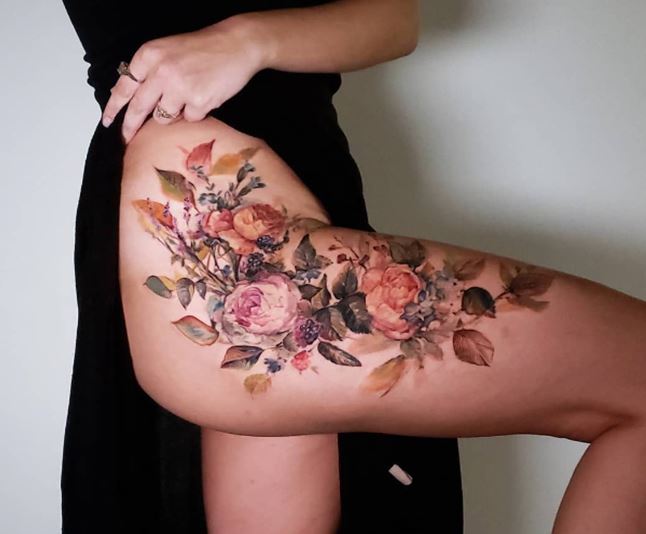 Watercolor Floral Leg Piece Tattoo